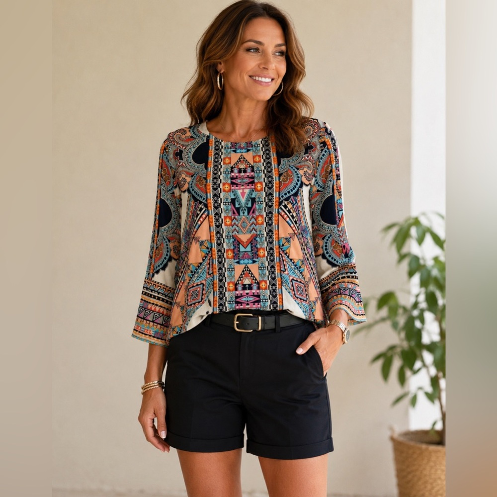 Gibson Latimer colorful lightweight blouse, in good worn once condition, flowy